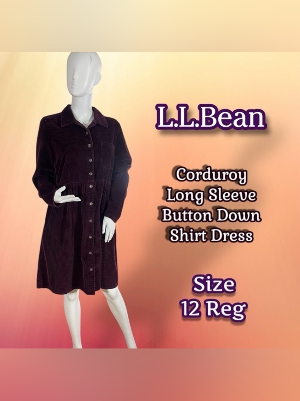 L.L. Bean Women's Corduroy Long Sleeve Button Down Dress - Burgundy Size 12 Reg